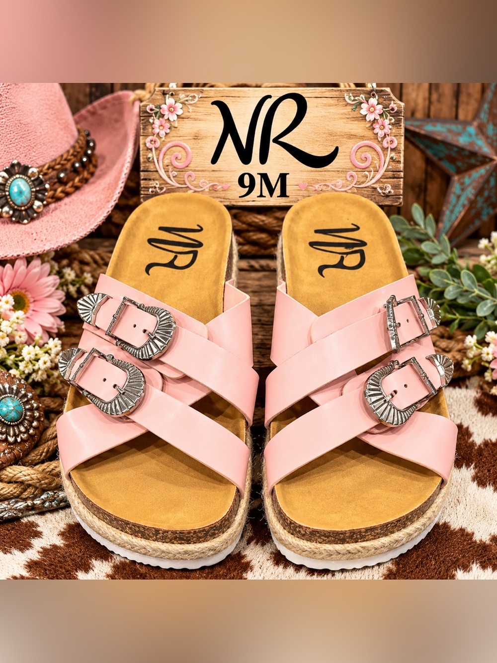 NR Double-Buckle Slide Platform Sandals Pink Double-Buckle Platform Sandals US 9